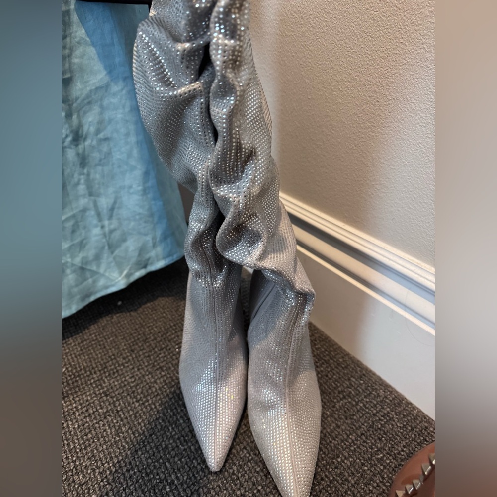 Silver Rhinestone Slouch Boots